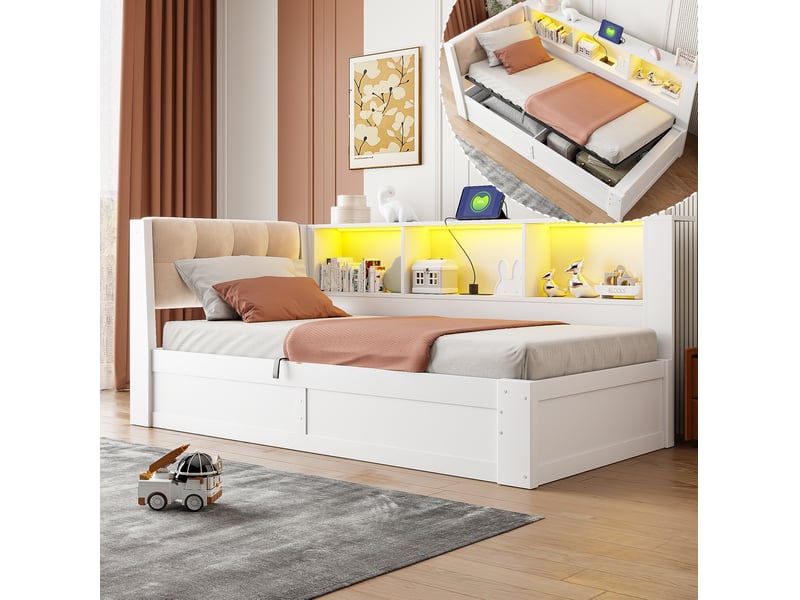  Daybed 90x200 cm - lit à tiroir avec rangement hydraulique, étagère et lampe led, sans matelas, blanc  - Conforama C