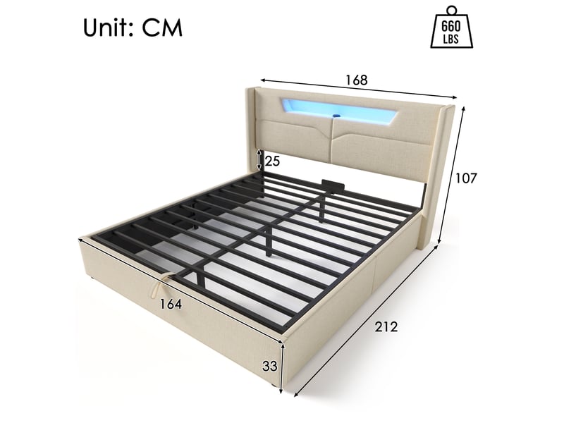  Lit coffre tcqpz 160 x 200 cm avec led usb type-c en lin beige  - Conforama C