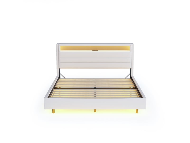 Lit adulte 160 × 200 cm avec usb, led, tête réversible et rangement, sans matelas, beige