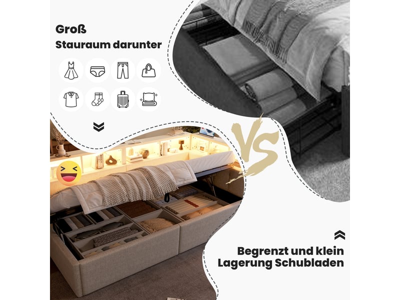  Lit de jour 90x200 cm en lin beige avec rangement hydraulique et ports usbtype-c  - Conforama R