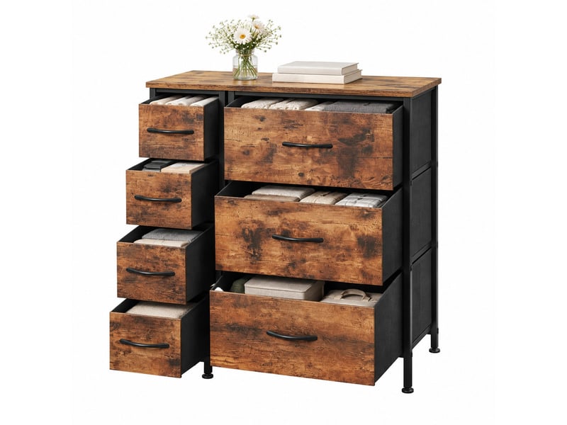  Meuble de rangement à 7 tiroirs l63.5xb30xh73 cm en bois d’ingénierie, métal et tissu brun rustique et noir chicfurn  - Conforama A