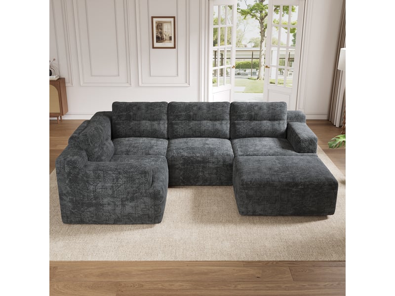 Canapé modulable 5 places en chenille gris, design forme l ou u, mousse sans armature, sans montage requis pour salon et chambre, 252cm - Conforama D