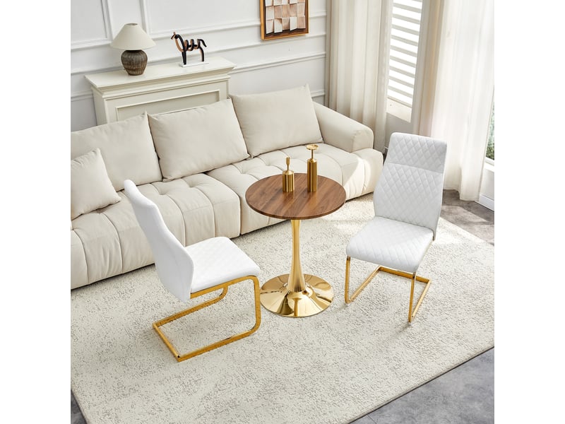  Ensemble table ronde et 2 chaises, table ronde 60 cm effet noyer, chaises blanches en similicuir motif losanges, piètement doré  - Conforama C