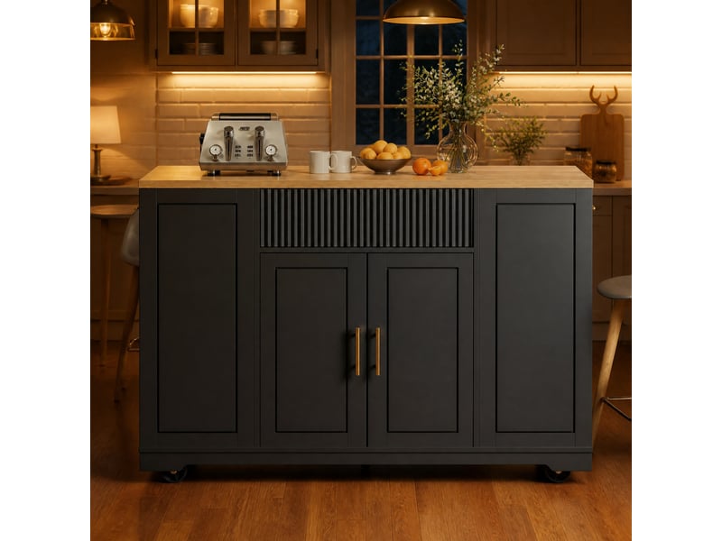 Îlot de cuisine sur roulettes 120x50x92 cm, 2 portes et 3 tiroirs, noir - Conforama B