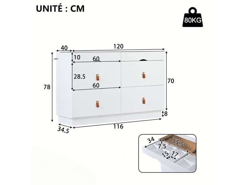  Commode de rangement blanche à 6 tiroirs avec plateau en verre – 120 x 40 x 78 cm  - Conforama D