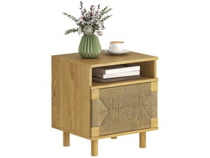 Table de chevet bohème avec porte en corde de papier, étagère ouverte, ouverture par simple pression, chêne, 45 x 39 x 50 cm