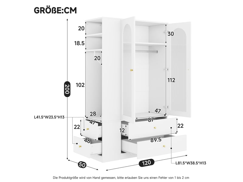 Armoire avec 2 portes en verre strié, 4 tiroirs et espace penderie, pour la chambre, en mdf blanc, 120 × 50 × 200 cm - Conforama D