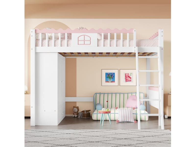  Lit mezzanine enfant 90x200 cm avec led, armoire et tiroir, blanc et rose  - Conforama E
