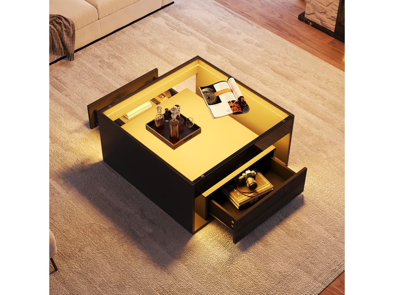  Table basse noire avec led 70x70 cm, table de salon carrée en verre trempé avec 2 tiroirs et rangement central  - Conforama R