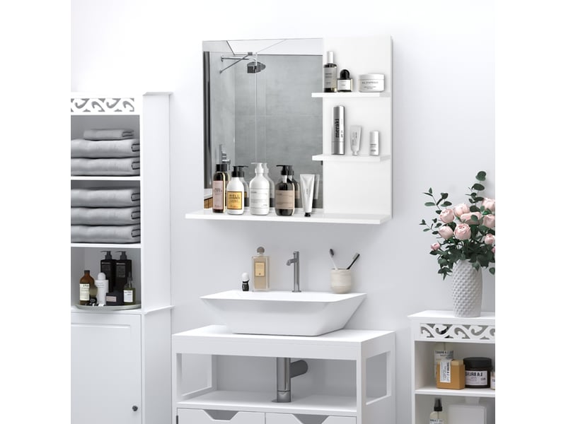  Miroir de salle de bain à 3 étagères, miroir mural avec rangement intégré, 60 x 10 x 48 cm, blanc  - Conforama B