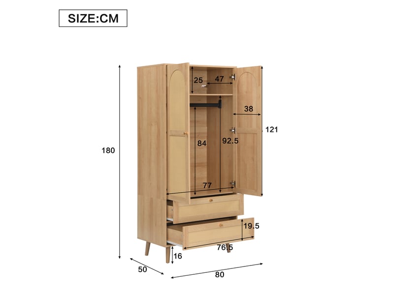  Armoire 80x50x180 cm avec 2 portes et 2 tiroirs, une penderie, design rotin en mdf couleur naturel, design moderne  - Conforama C