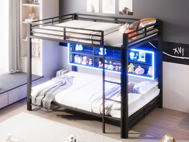 Lit superposé 140x200cm structure métallique avec meubles de rangement et éclairage led, noir - Conforama B