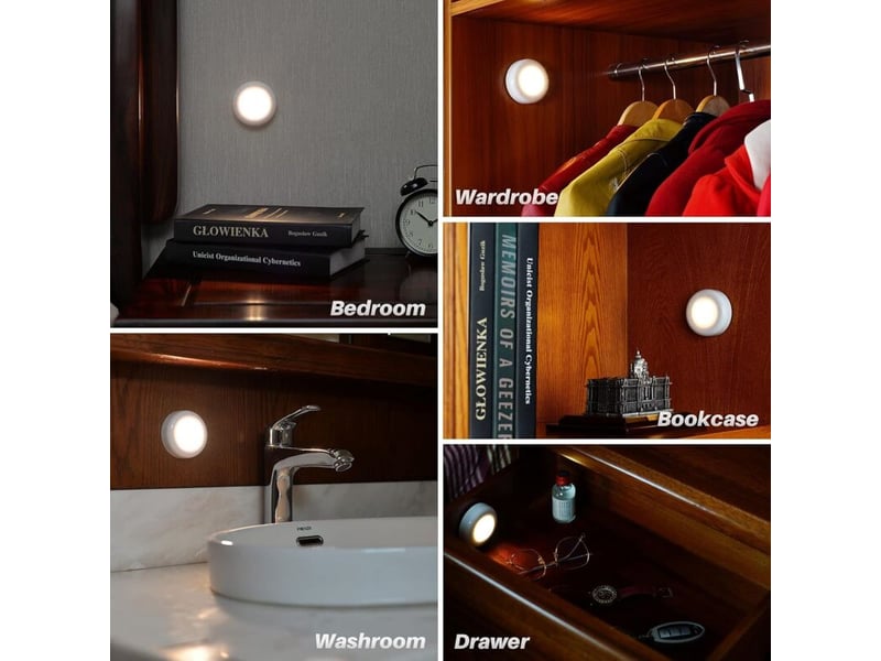  Lot de 6petits spots led tactiles, adhésifs, à piles, intérieur, armoires, armoires, armoires de cuisine, blanc chaud  - Conforama C