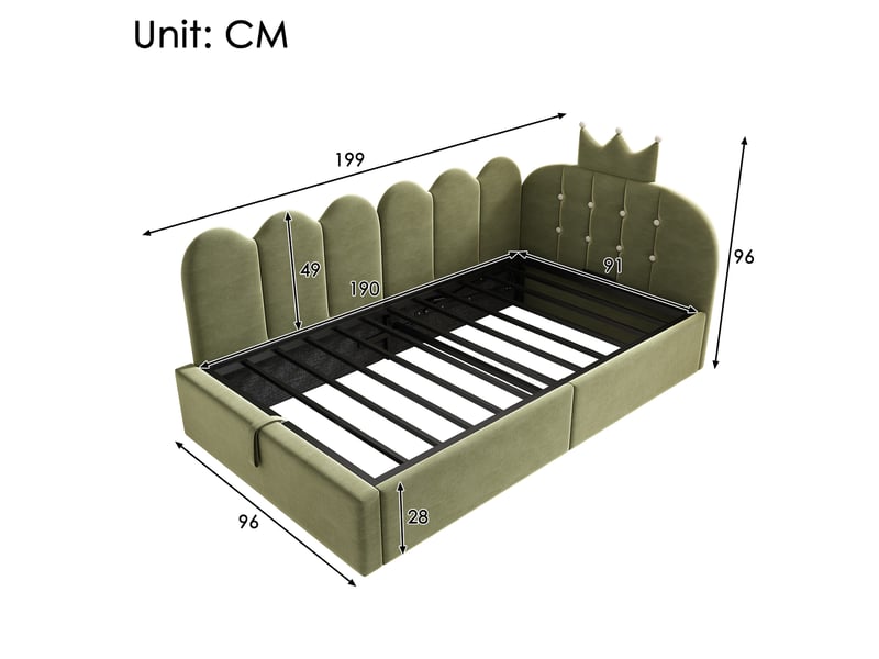  Lit enfant 90x190 cm avec rangement hydraulique en velours vert  - Conforama E