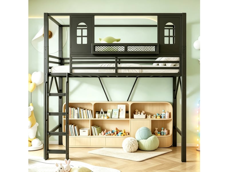  Lit mezzanine enfant 90x200 cm en métal noir avec toit et étagère, sans matelas  - Conforama B