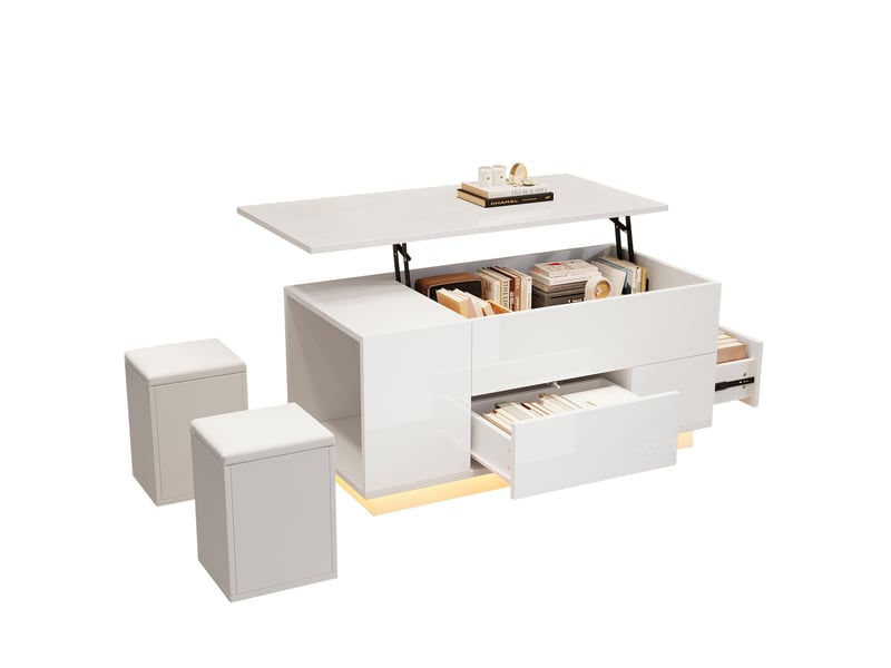  Table basse relevable blanche brillante avec led, 2 poufs et rangement caché, 100x50x45cm  - Conforama A