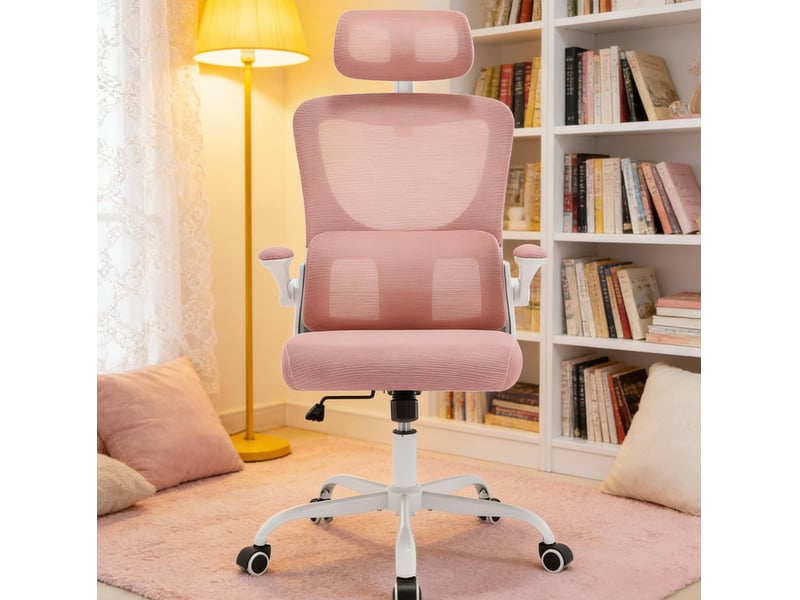 Chaise de bureau rose à dossier haut avec appuie-tête réglable, accoudoirs rabattables et fonction basculante  - Conforama E
