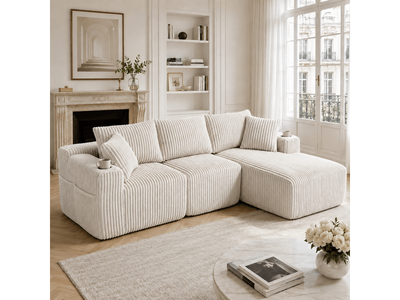 Canapé modulable 257 x 90-160 x 62 cm, méridienne, module 2 places, 5 coussins, porte-gobelets, poches latérales, velours côtelé, beige Bliss Lite - Conforama B