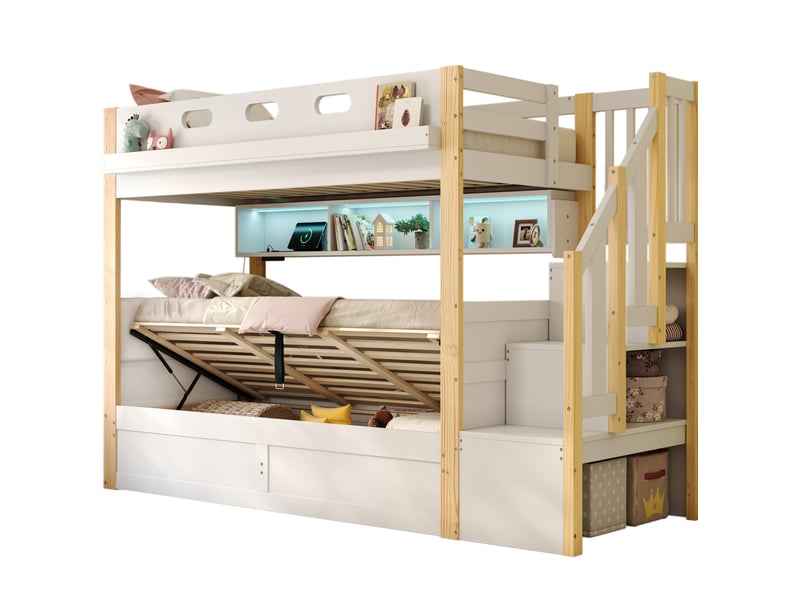 Lit superposé enfant tcqpz 2 x 90 x 200 cm avec rangement hydraulique, escalier de rangement, led et usb blanc et bois naturel  - Conforama A