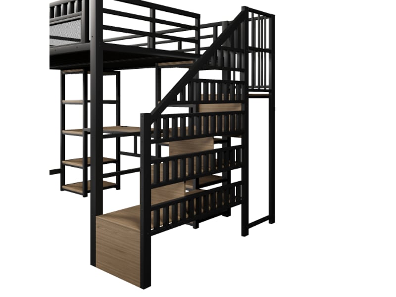 Lit mezzanine 140x200 cm métal noir – bureau intégré, étagère, échelle de rangement, led et usb – sans matelas  - Conforama D