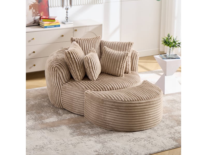 Canapé droit sans pieds, assise ronde, pouf assorti, tissu doux cordé, 168×123×63 cm, camel + marron  - Conforama D