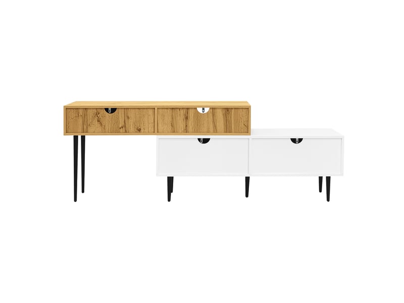  Meuble tv moderne modulable 2 pièces, longueur réglable, effet bois et blanc mat, pieds en métal noir, polyvalent  - Conforama A