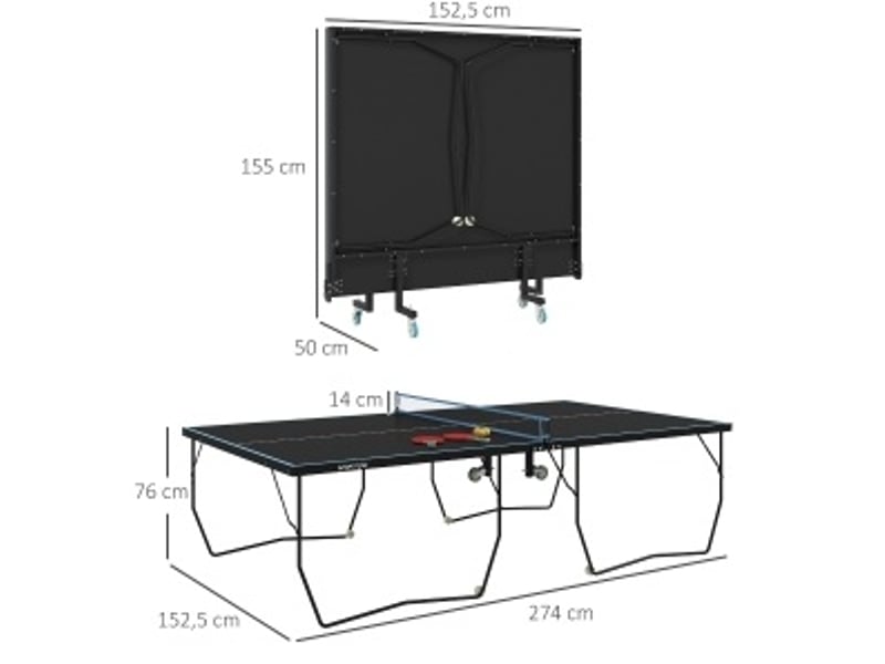  Table de tennis de table extérieure pliable noire 274 x 152,5 x 76 cm en mdf et acier, avec filet et 8 roulettes  - Conforama C