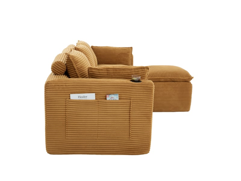  Canapé modulable, canapé 3 places, en velours tricoté, orange, poches latérales, porte-gobelets, pour salon, repose-pieds  - Conforama B