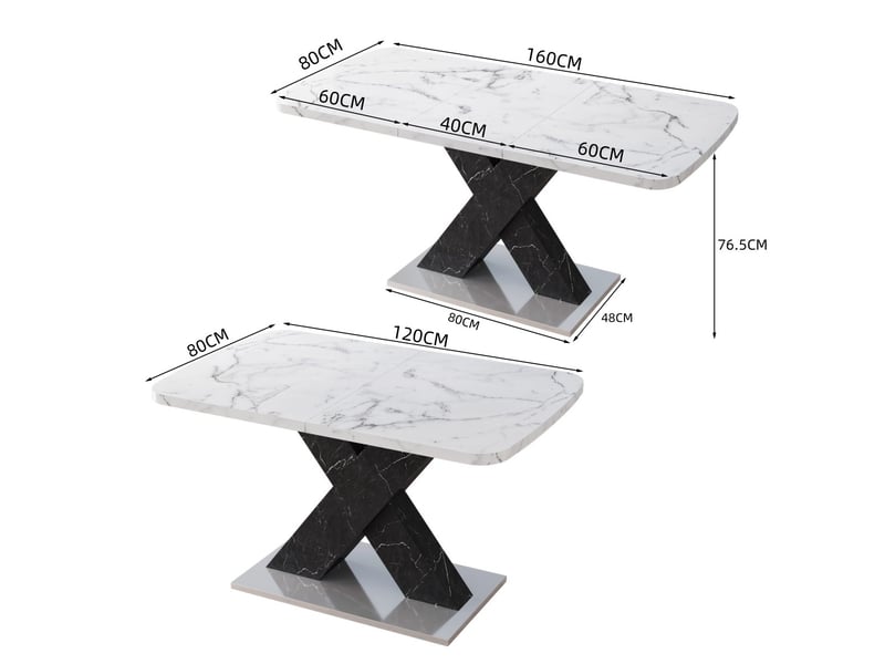 Table à manger extensible 120-160 cm, pieds croisés, plateau imitation marbre, panneau aggloméré et structure métallique bicolore blanc noir, table cuisine design - Conforama C