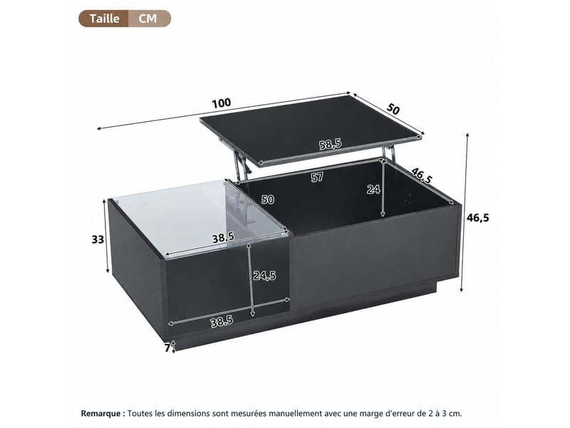 Table basse relevable avec rangement et led, 100 x 50 cm, noir brillant - Conforama C