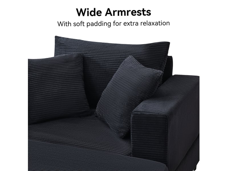  Chaise longue noire en tissu côtelé avec coffre, 3 coussins, style moderne pour salon et chambre  - Conforama E