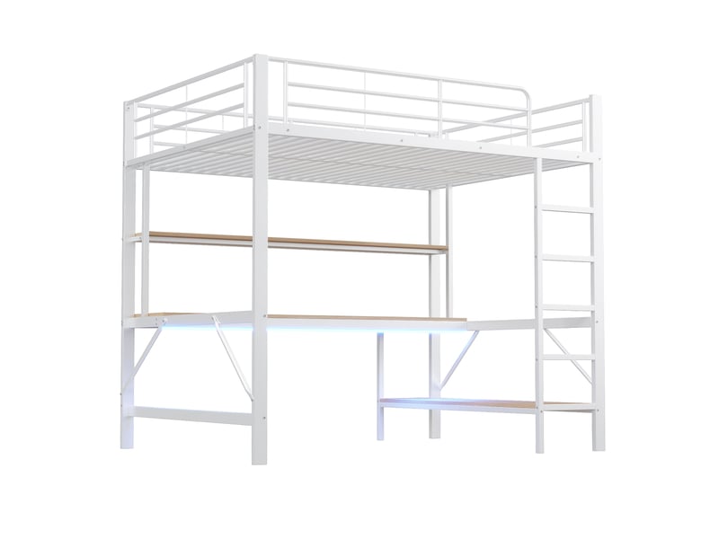  Lit mezzanine 140x200 cm, avec bureau et étagères, led 7 couleurs et prises usb, en métal, blanc, sans matelas  - Conforama E