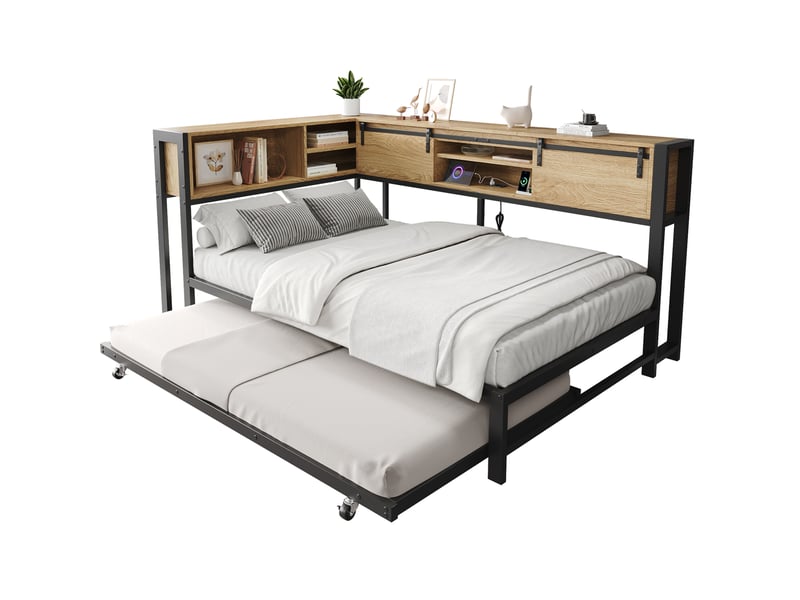  Lit gigogne 2 places 120 × 200 cm et 90 × 190 cm, rangement, port de charge, sans matelas, noir naturel  - Conforama A