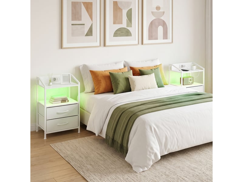  Lot de 2 tables de chevet led pour chambre avec chargeur, 40 x 30 x 60 cm, blanches  - Conforama D