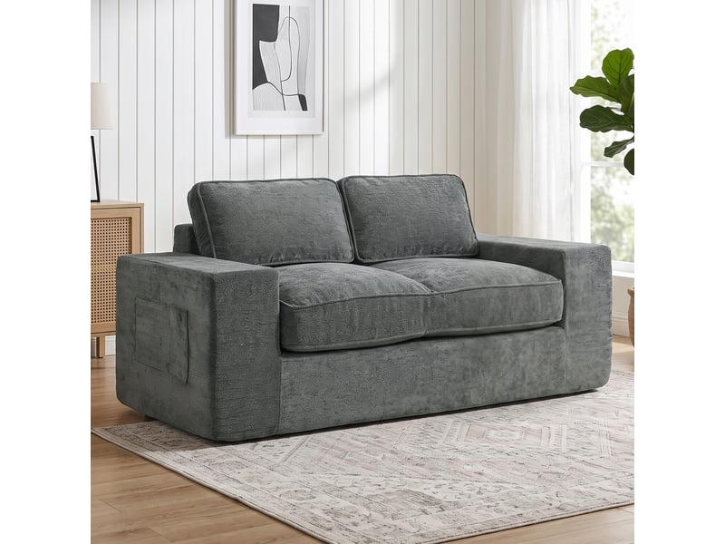  Canapé 2 places en chenille, canapé de salon 156 cm, assise et accoudoirs larges rembourrées, gris, 2 oreillers  - Conforama A