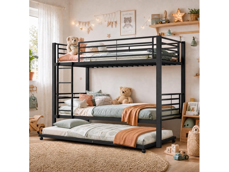 Lit superposé 90x200 cm, gigogne 90x190 cm, 3 couchages, barrière de sécurité + échelle, métal noir, sans matelas - Conforama B