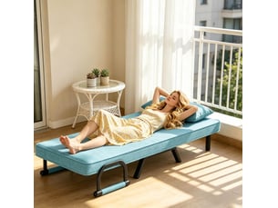 Fauteuil convertible pliable avec dossier réglable sur cinq positions et coussin amovible en tissu bleu