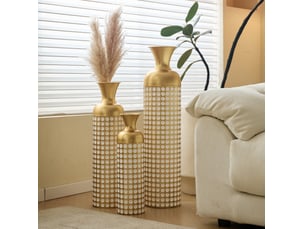 Lot de 3 vases de sol en métal doré et blanc, h 83,01 cm, décor à pois, fleurs séchées et pampas