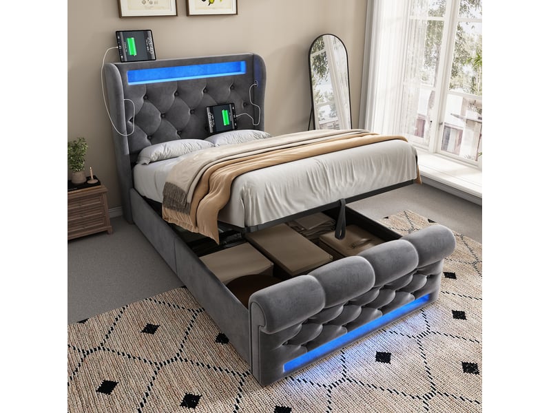  Modenvie lit coffre 90x200 cm - led intégrée, ports usb-c et rangement - avec matelas inclus - gris  - Conforama B