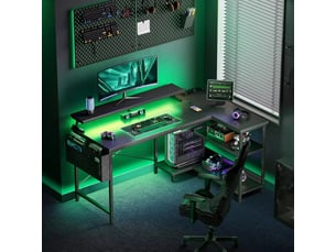 Bureau gamer d’angle 120 x 80 cm avec led, table en l avec étagères réversibles, prises et usb