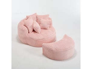 Canapé droit à assise ronde, canapé-lit sans pieds, repose-pieds, tissu doux cordé, 168×123×63 cm, rose