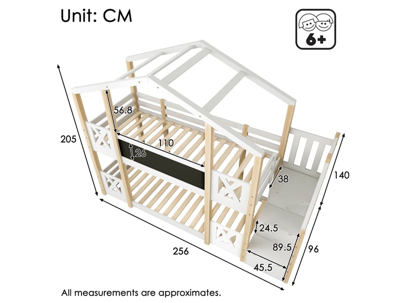  Lit superposé enfant 90 x 200 cm avec escalier de rangement et tableau, blanc naturel  - Conforama C