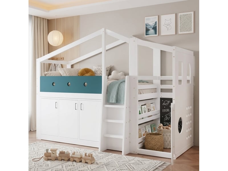Lit mezzanine enfant 90 × 200 cm 1 place avec armoire de rangement et espace de jeu, sans matelas, blanc - Conforama B