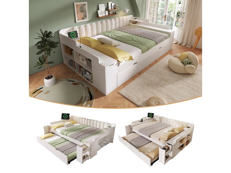 Lit banquette - 140x190 cm - sommier à lattes - lit gigogne - rangements intégrés - sur roulettes - prise de charge - blanc CozyNest - Conforama B