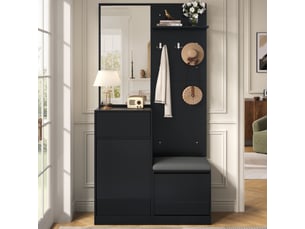 Vestiaire d'entrée - 105x38x190cm - ensemble meuble d'entrée avec éclairage led app, miroir, banc & meuble chaussures - noir