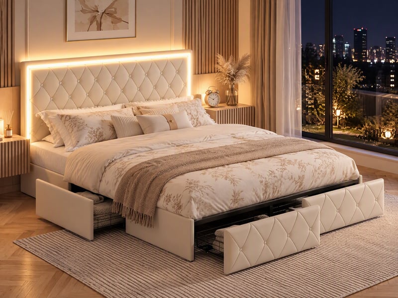  Lit double rembourré 140x200 cm avec 4 tiroirs, lit adulte avec rangement - led multicolores - tête de lit cloutée, sommier à lattes, lit 2 places, pu beige  - Conforama B