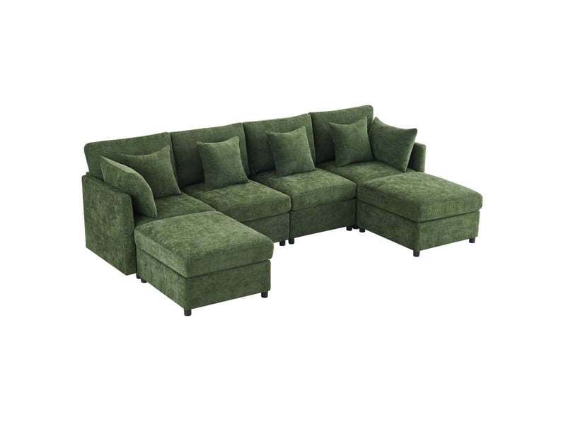  Canapé modulable modenvie 6 places en chenille vert convertible en u et en l avec 2 poufs et 6 coussins  - Conforama A