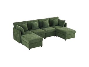Canapé modulable modenvie 6 places en chenille vert convertible en u et en l avec 2 poufs et 6 coussins