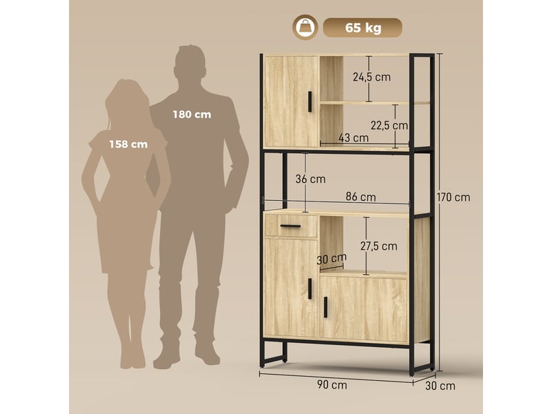 Buffet haut cuisine - meuble micro-onde style industriel - métal noir effet bois naturel - Conforama C