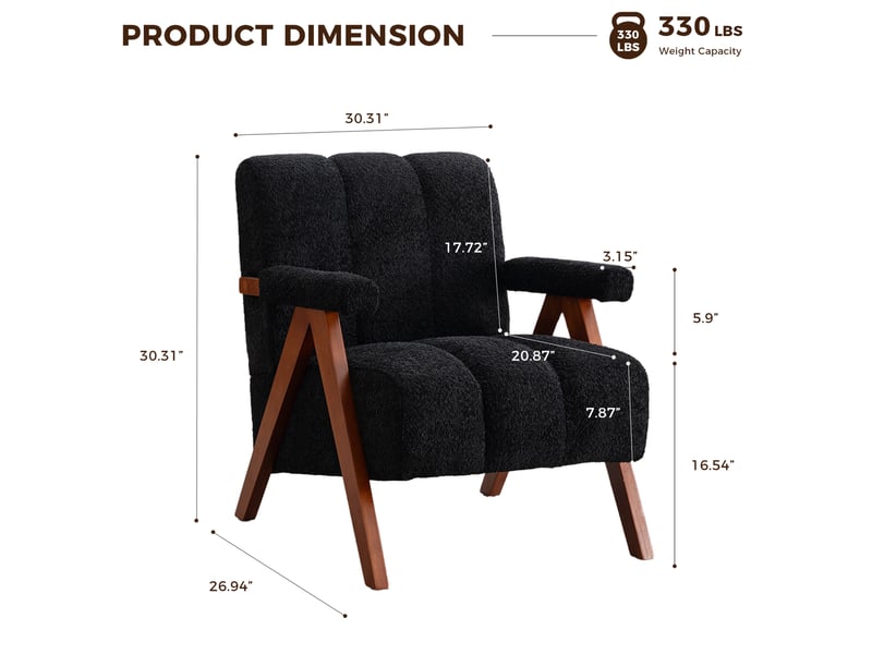  Fauteuil d'appoint avec accoudoirs 77x68,5x77 cm – noir – bouclé, structure en bois de chêne moderne  - Conforama C